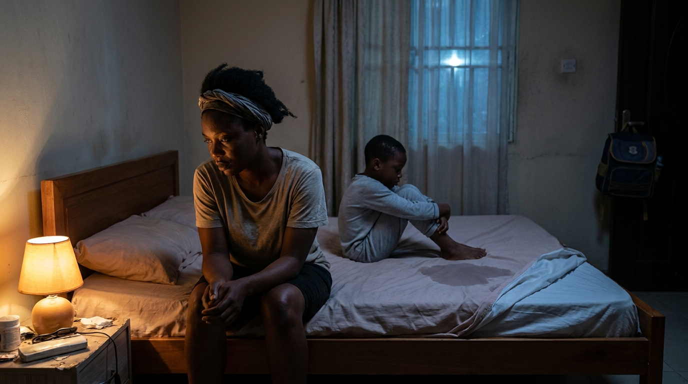 A Nigerian parent and child at night — the quiet weight of bedwetting